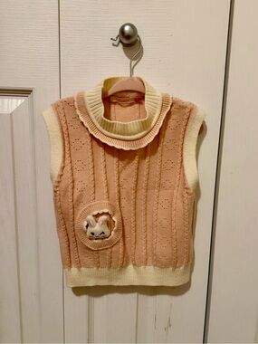 Little Miss Pink & Cream Cable Knit Sleeveless Sweater with Bunny Patch